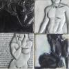 An image of hand-made ceramic Tortuga Tiles featuring male and female nudes in black and white. 4" square.